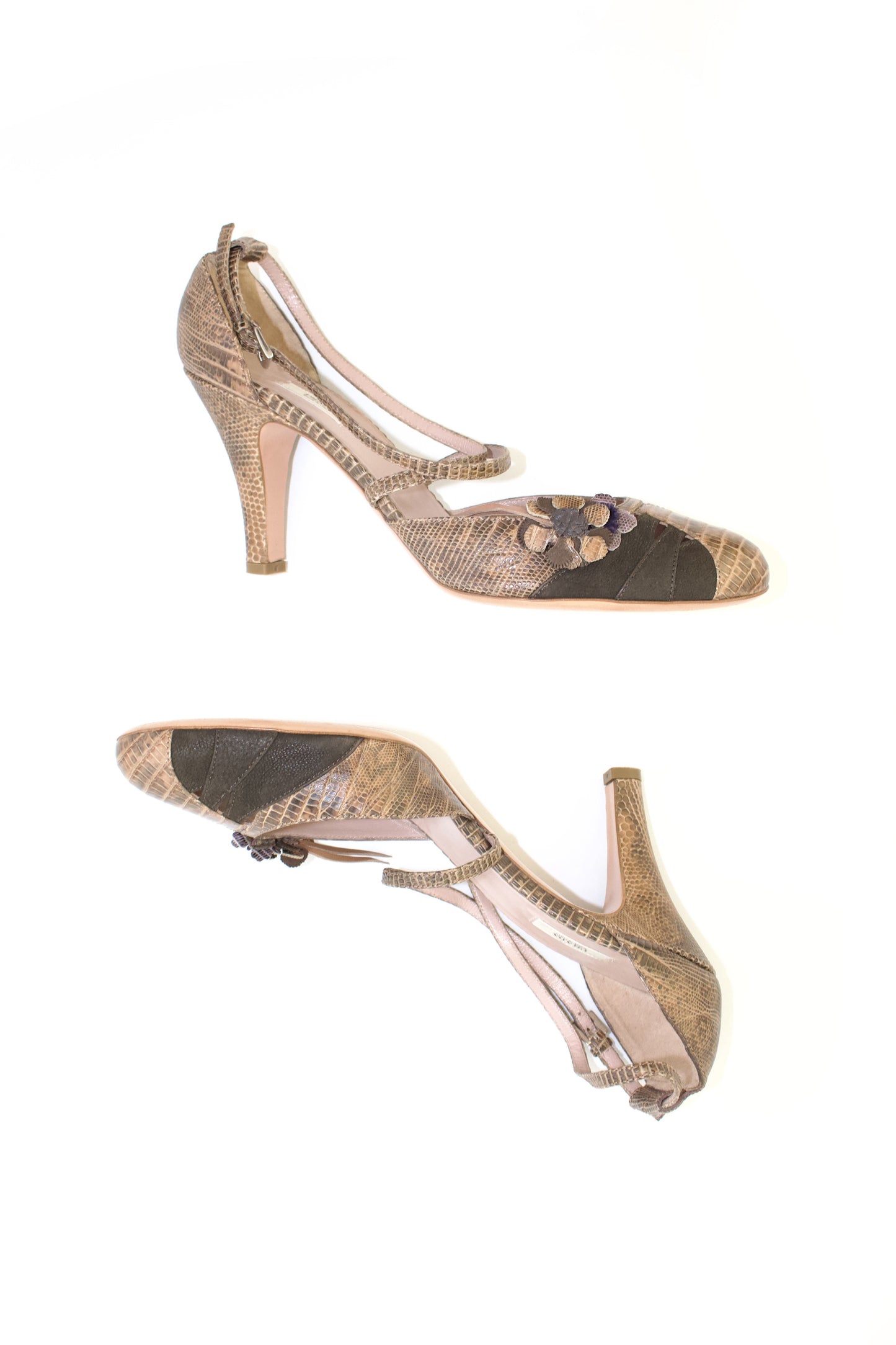 Prada 2000s snakeskin heels with flower details