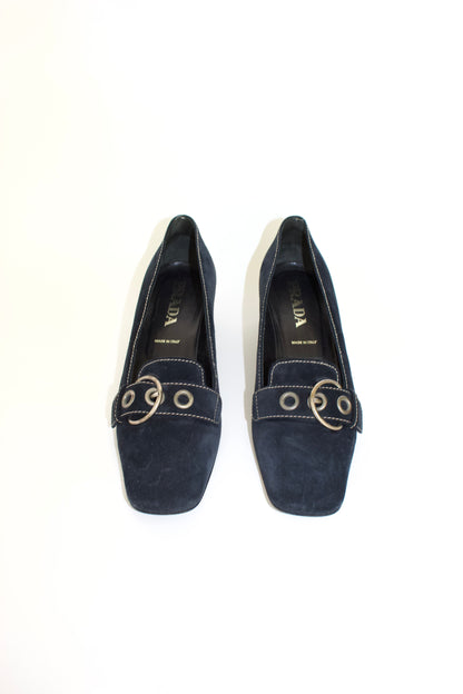 Prada SS 2002 navy blue suede kitten heels
