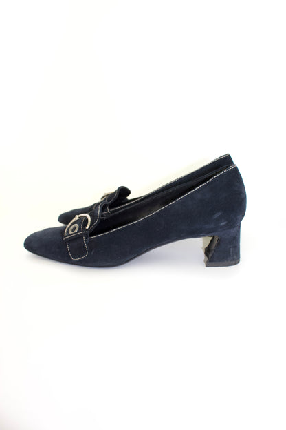 Prada SS 2002 navy blue suede kitten heels