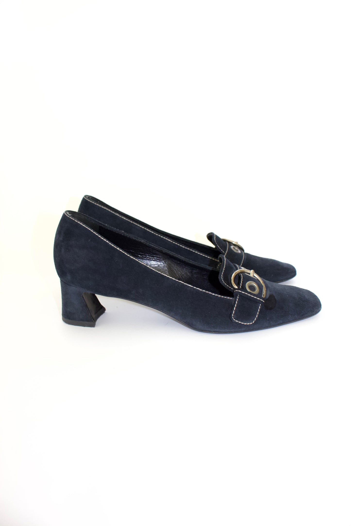 Prada SS 2002 navy blue suede kitten heels