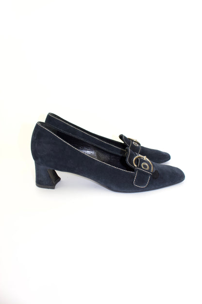 Prada SS 2002 navy blue suede kitten heels