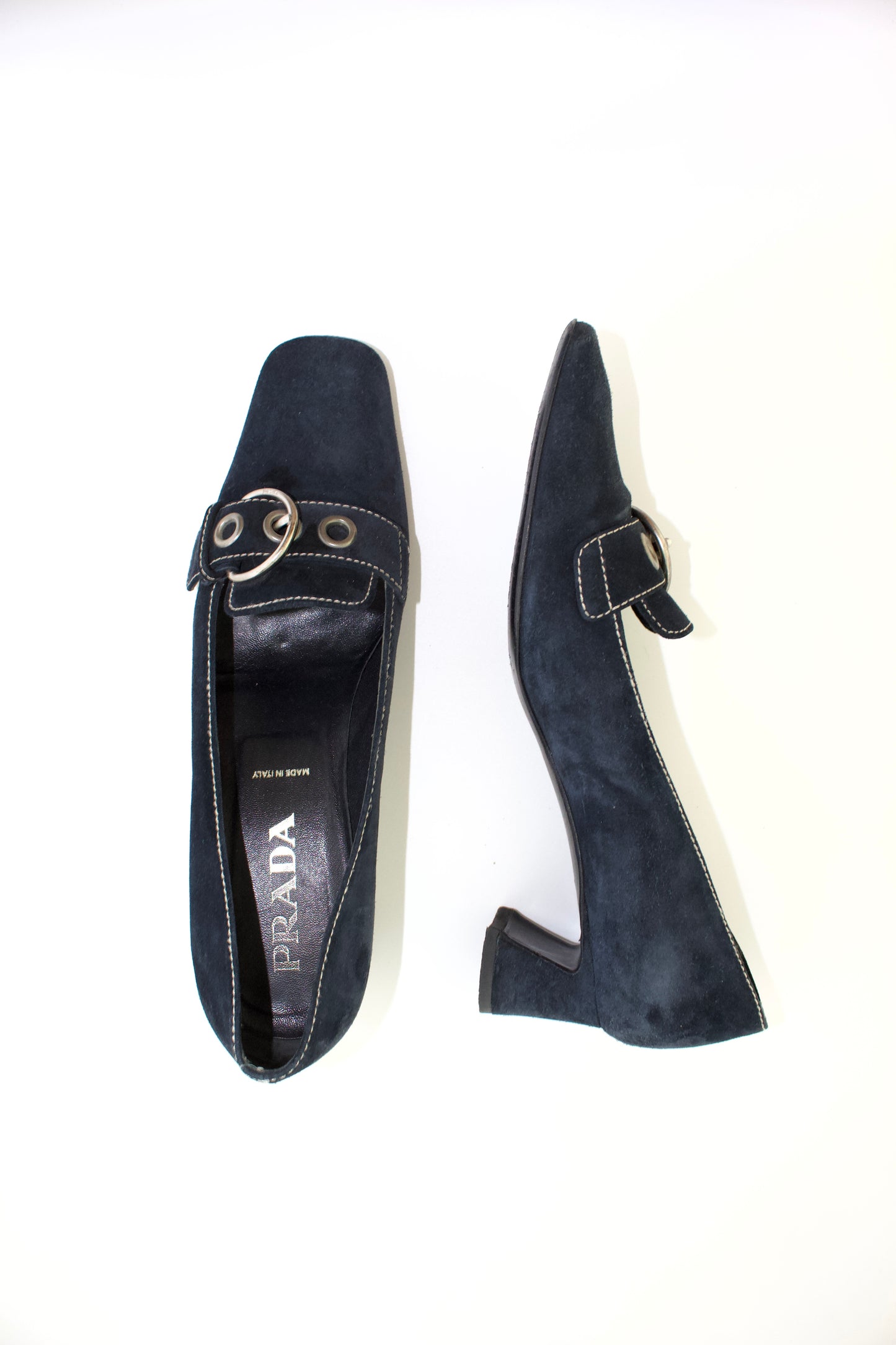 Prada SS 2002 navy blue suede kitten heels