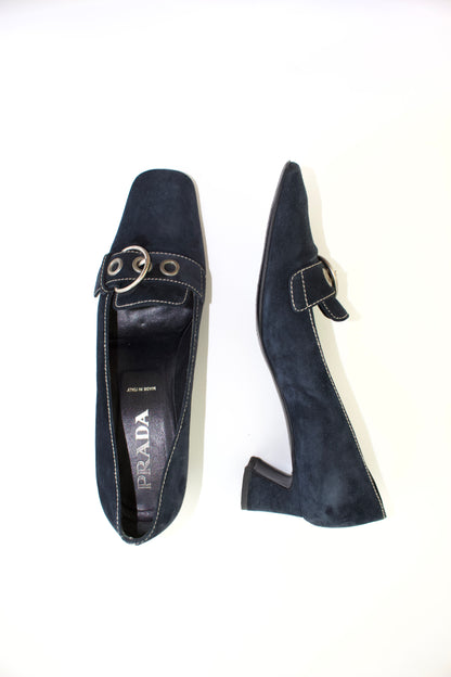 Prada SS 2002 navy blue suede kitten heels