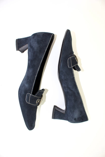 Prada SS 2002 navy blue suede kitten heels
