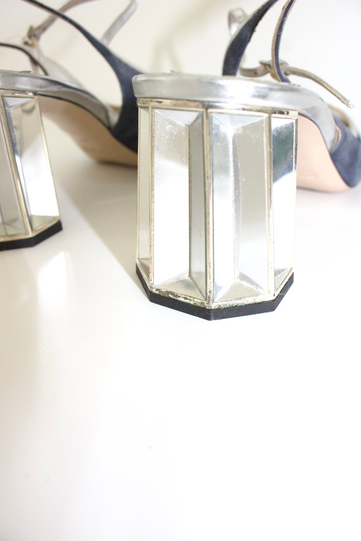 Miu Miu navy blue & silver suede 'Crystal' kitten heels