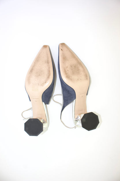 Miu Miu navy blue & silver suede 'Crystal' kitten heels