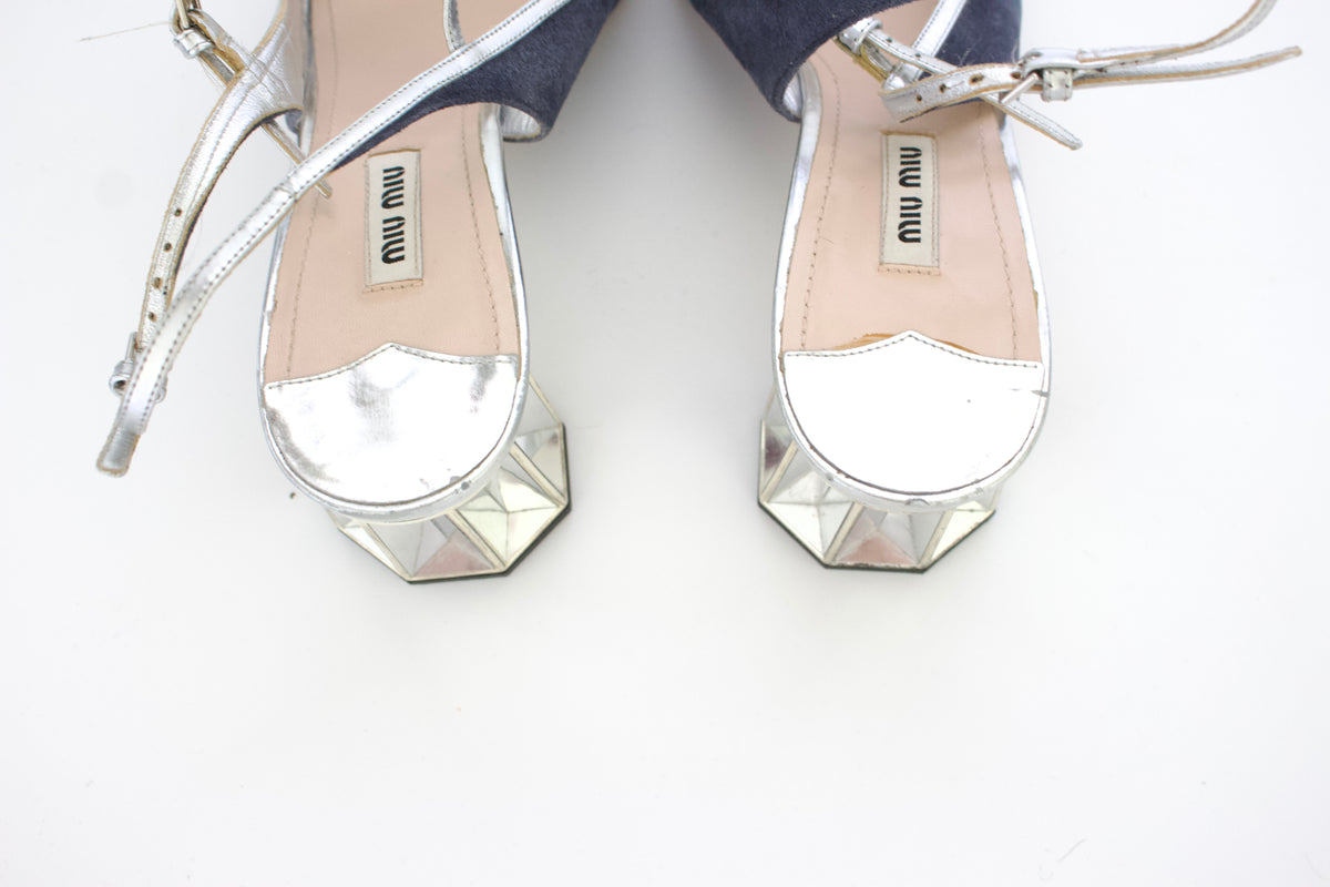 Miu Miu navy blue & silver suede 'Crystal' kitten heels