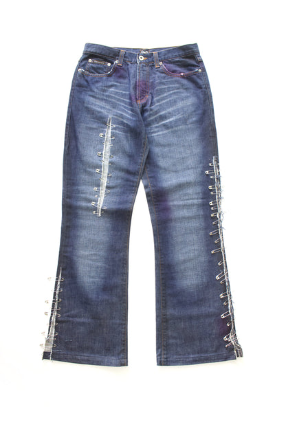 Dolce Gabbana SS 2001 blue jeans with safety pins