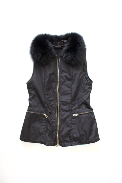 Prada FW 1995 black nylon & leather vest jacket with fur