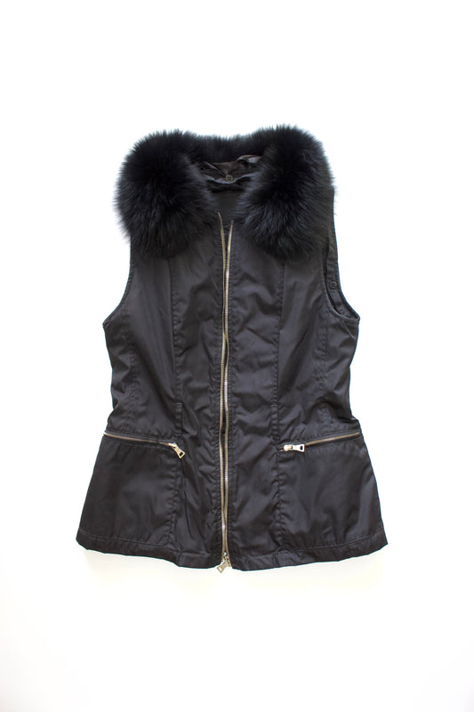 Prada FW 1995 black nylon & leather vest jacket with fur