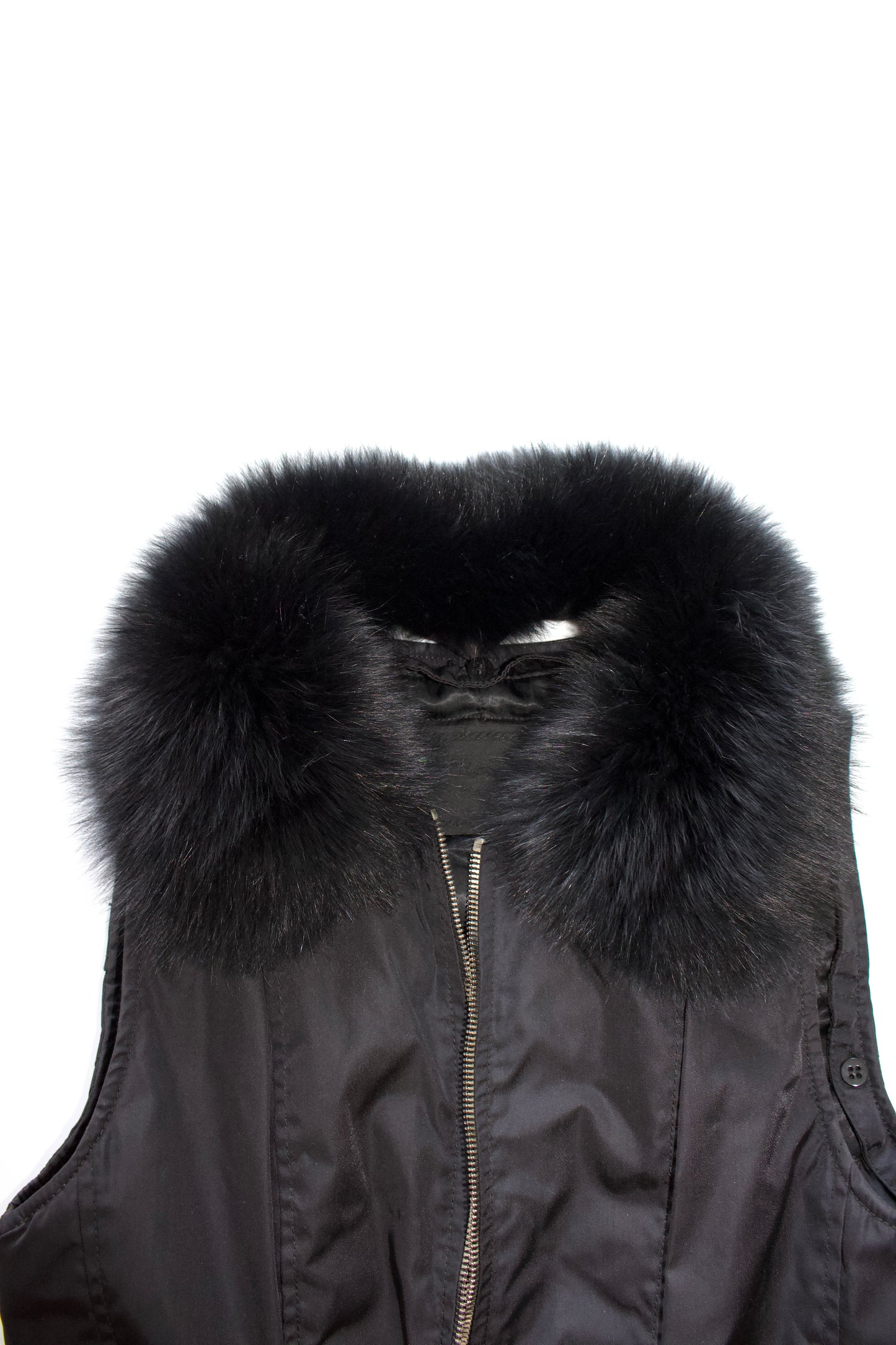 Prada FW 1995 black nylon & leather vest jacket with fur