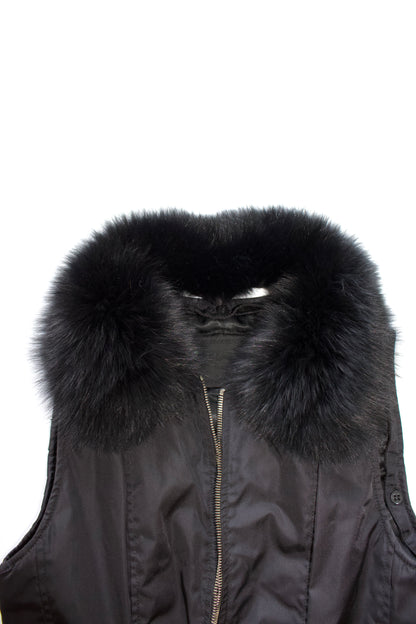 Prada FW 1995 black nylon & leather vest jacket with fur