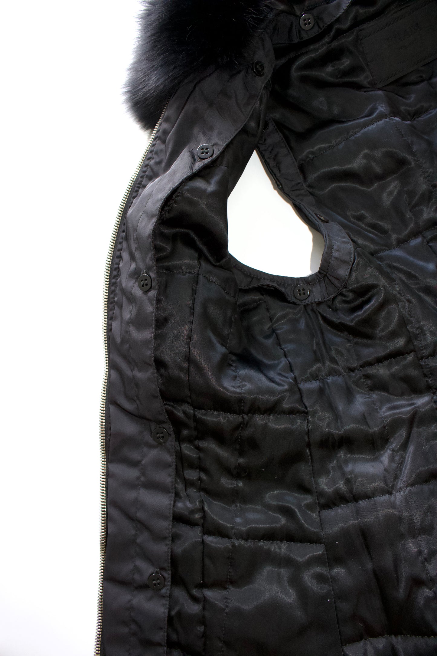 Prada FW 1995 black nylon & leather vest jacket with fur