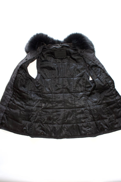 Prada FW 1995 black nylon & leather vest jacket with fur