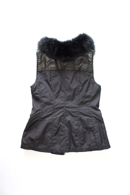Prada FW 1995 black nylon & leather vest jacket with fur