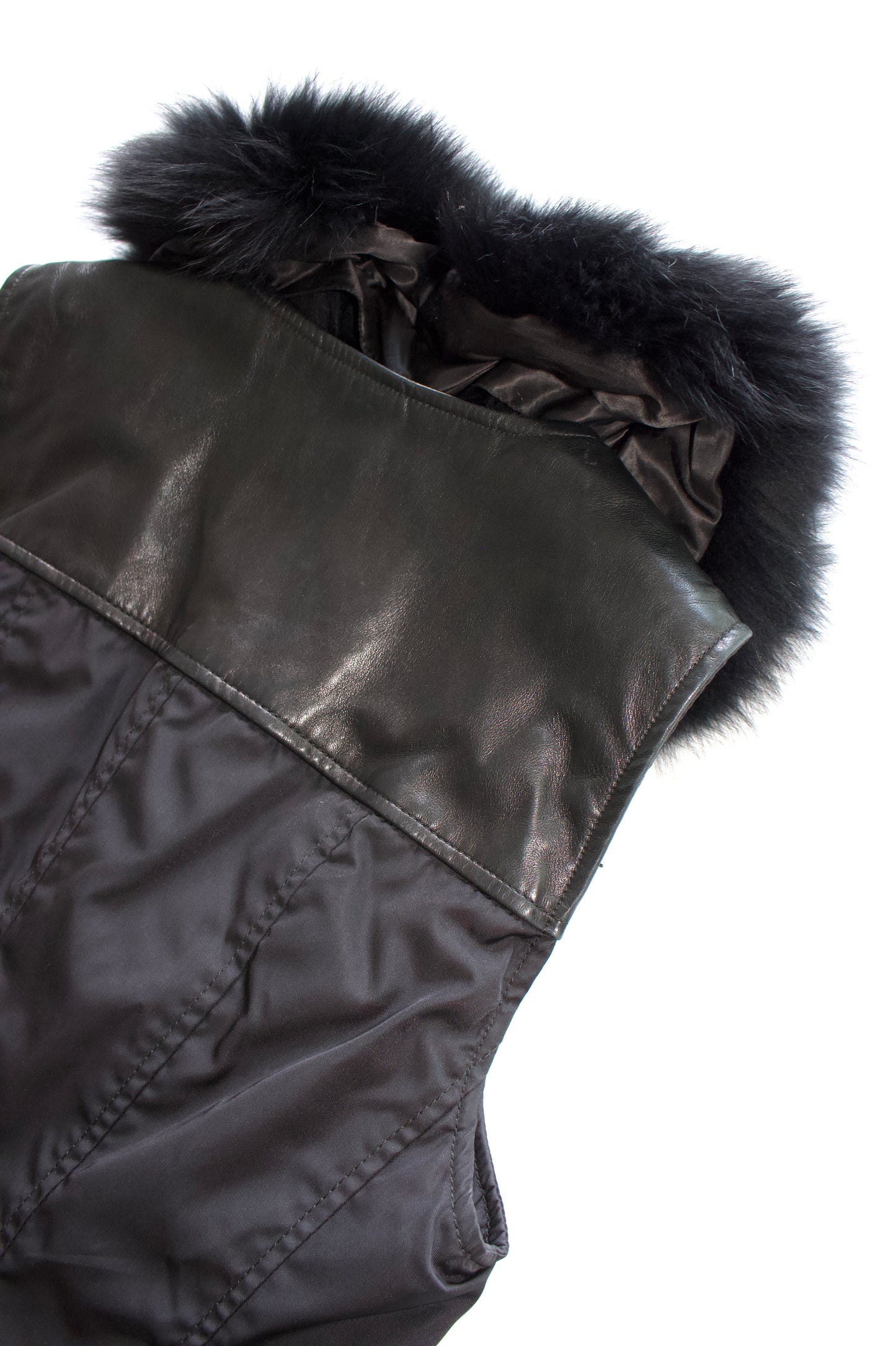 Prada FW 1995 black nylon & leather vest jacket with fur