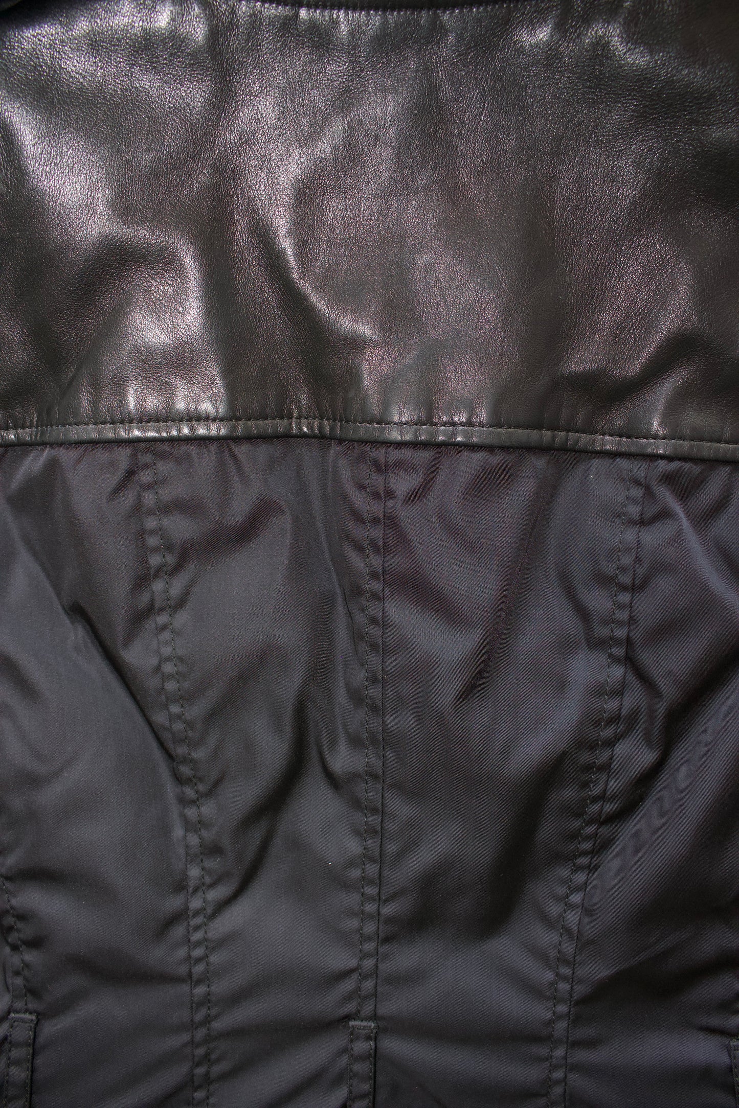 Prada FW 1995 black nylon & leather vest jacket with fur