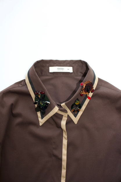 Prada SS 2005 brown cotton shirt with embellishments