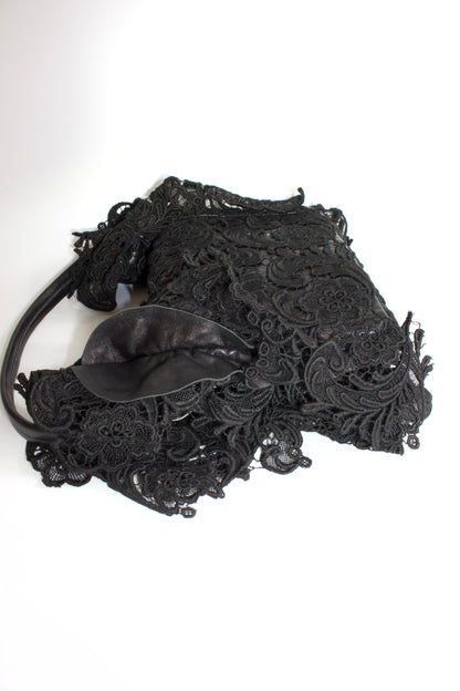 Prada FW 2008 black lace & leather shoulder bag