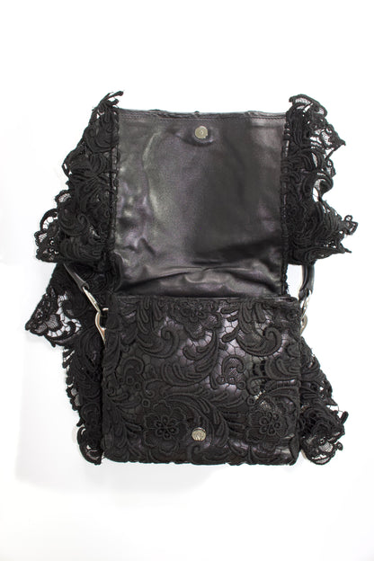 Prada FW 2008 black lace & leather shoulder bag