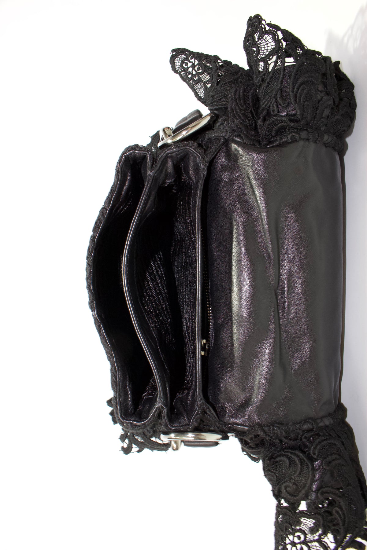 Prada FW 2008 black lace & leather shoulder bag