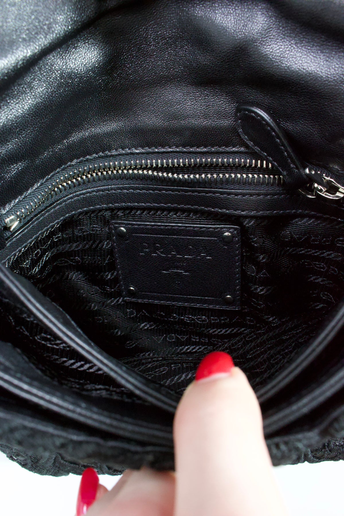 Prada FW 2008 black lace & leather shoulder bag
