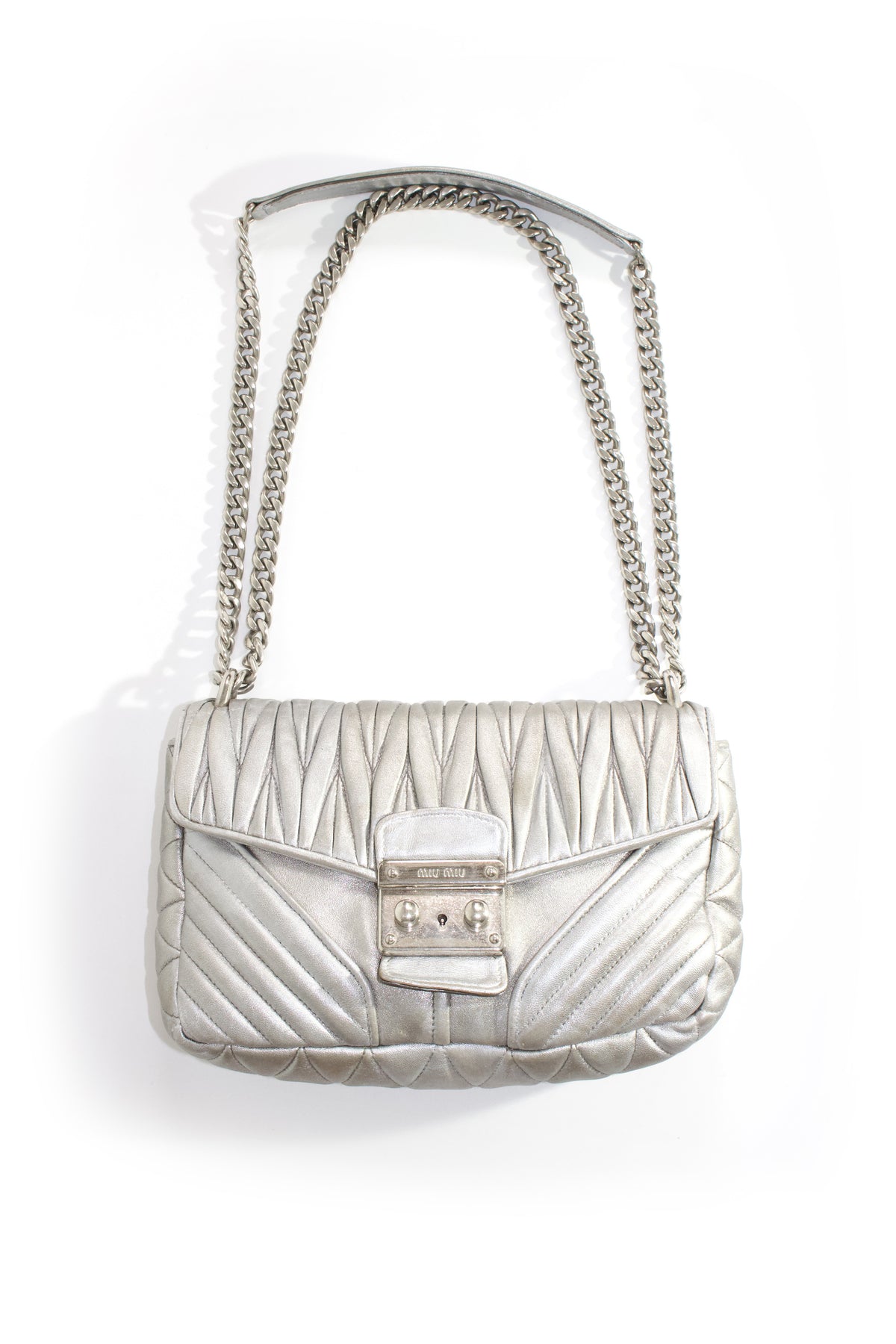 Miu Miu Resort 2014 silver matelassé 'Biker' bag