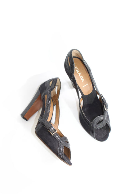 Prada SS 2005 black canvas & leather heels
