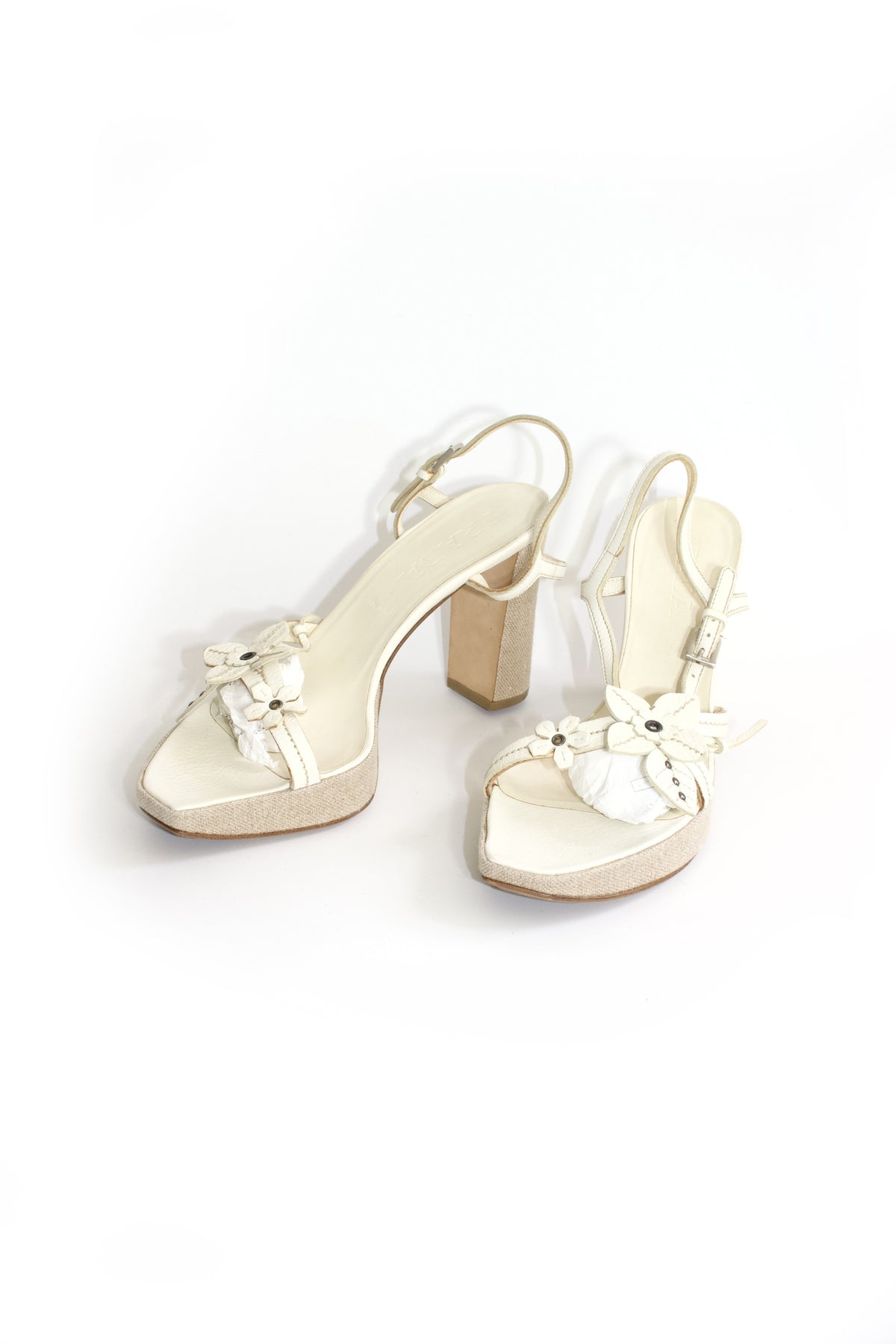 Prada SS 1999 white leather heels with floral embellishments