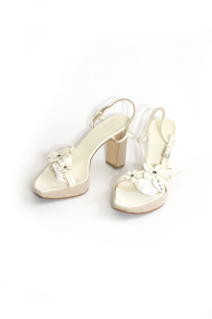 Prada SS 1999 white leather heels with floral embellishments