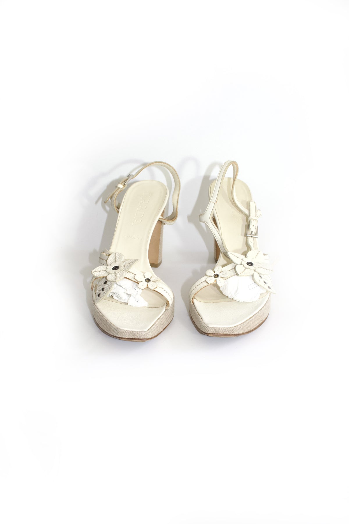 Prada SS 1999 white leather heels with floral embellishments