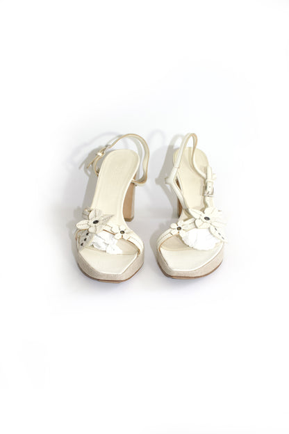 Prada SS 1999 white leather heels with floral embellishments
