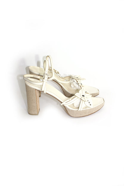 Prada SS 1999 white leather heels with floral embellishments