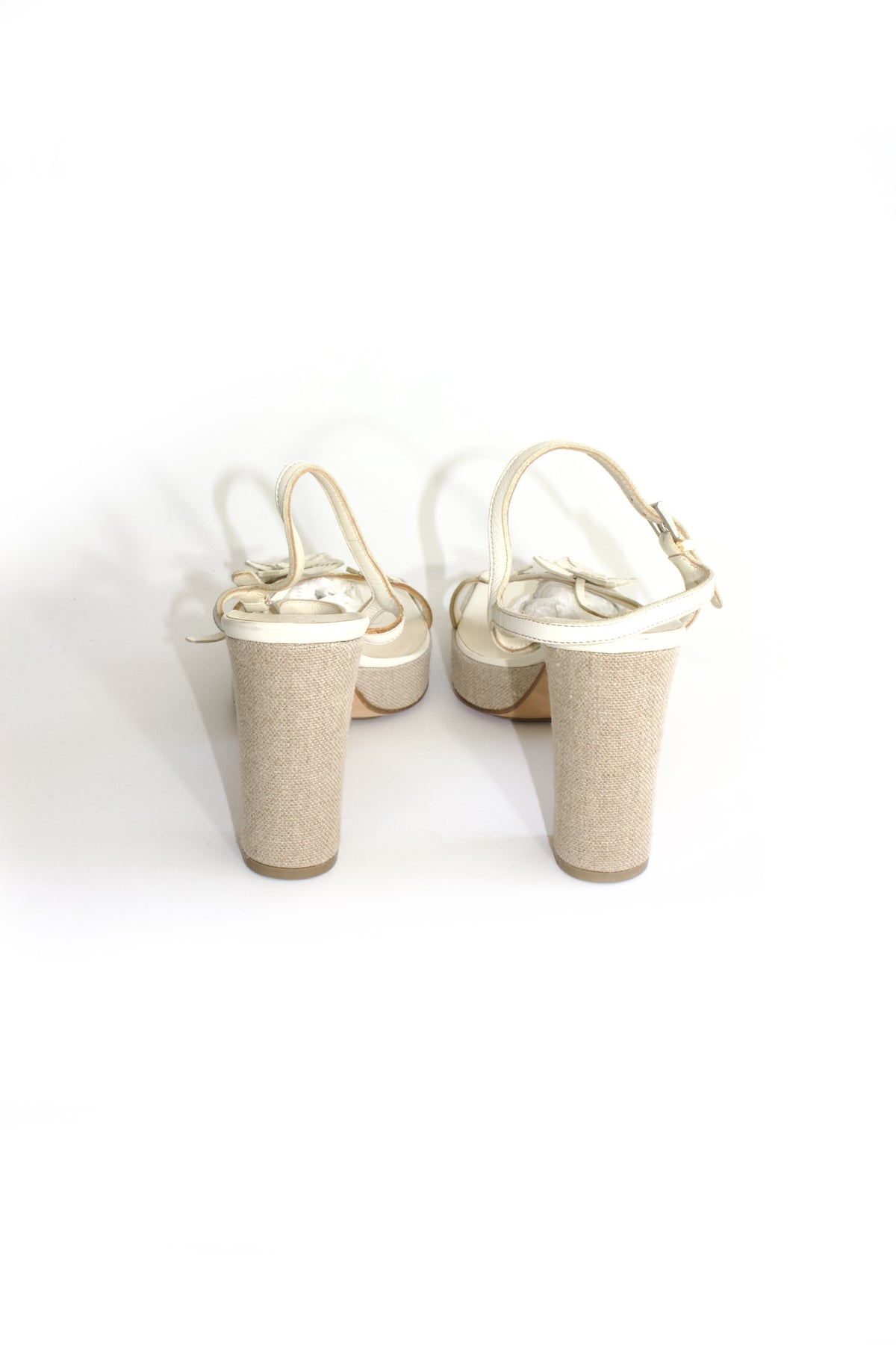Prada SS 1999 white leather heels with floral embellishments