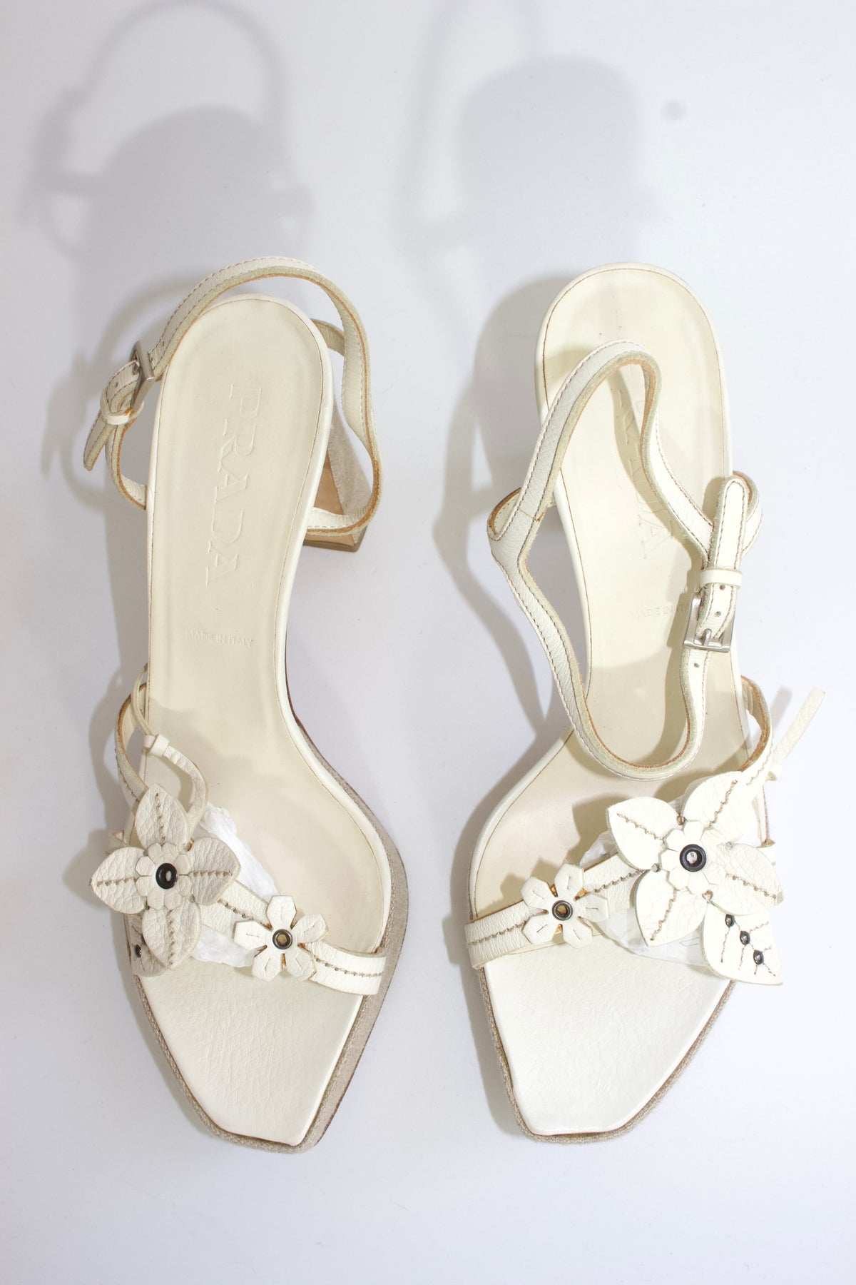 Prada SS 1999 white leather heels with floral embellishments