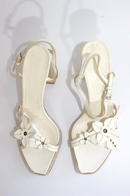 Prada SS 1999 white leather heels with floral embellishments