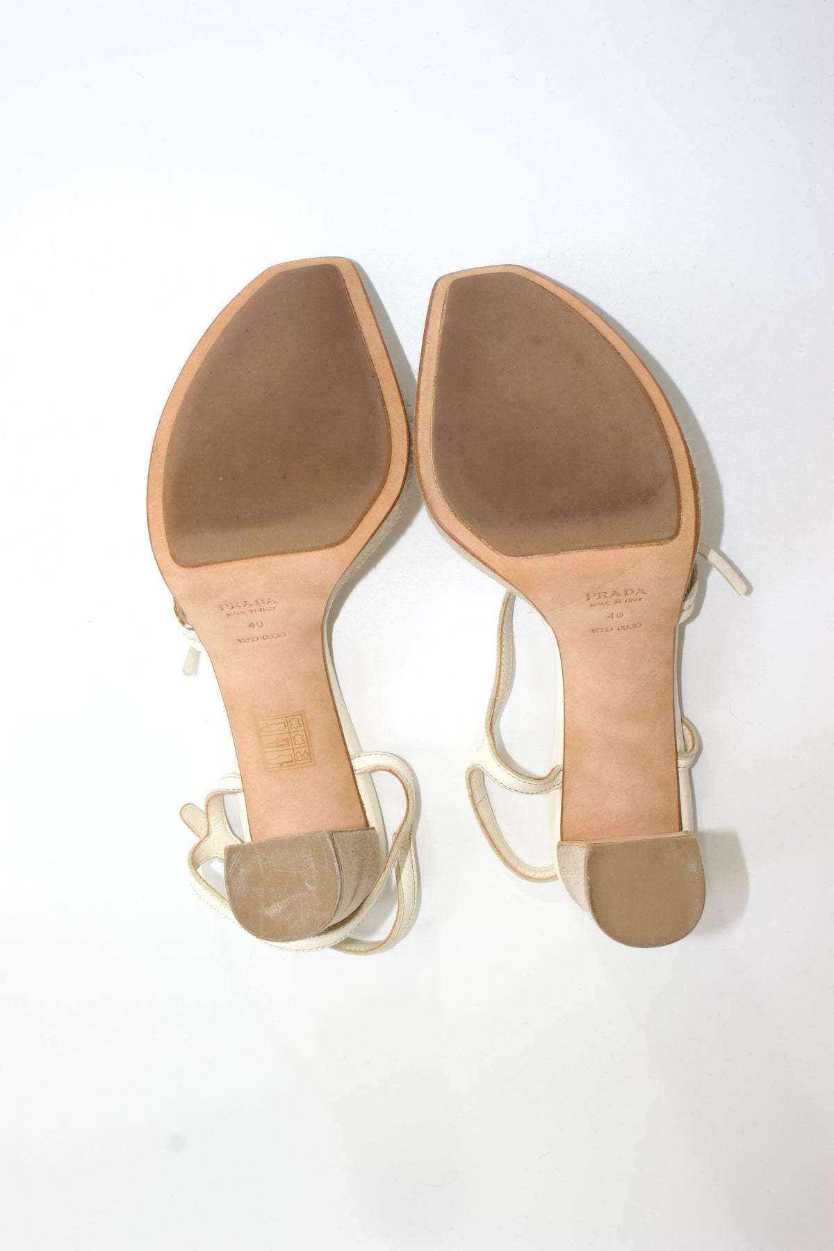 Prada SS 1999 white leather heels with floral embellishments