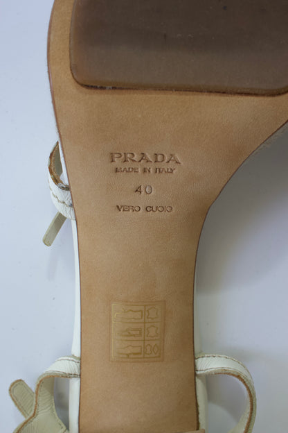 Prada SS 1999 white leather heels with floral embellishments