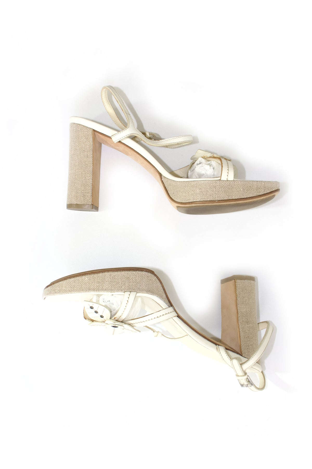 Prada SS 1999 white leather heels with floral embellishments