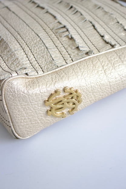 Roberto Cavalli golden leather handbag with fringe appliqué