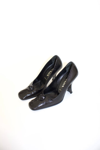 Prada FW 2003 black heels with flower detail