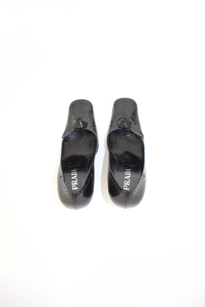 Prada FW 2003 black heels with flower detail