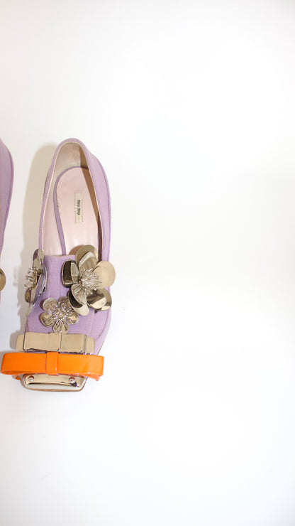 Miu Miu FW 2010 lilac pumps with metallic flowers
