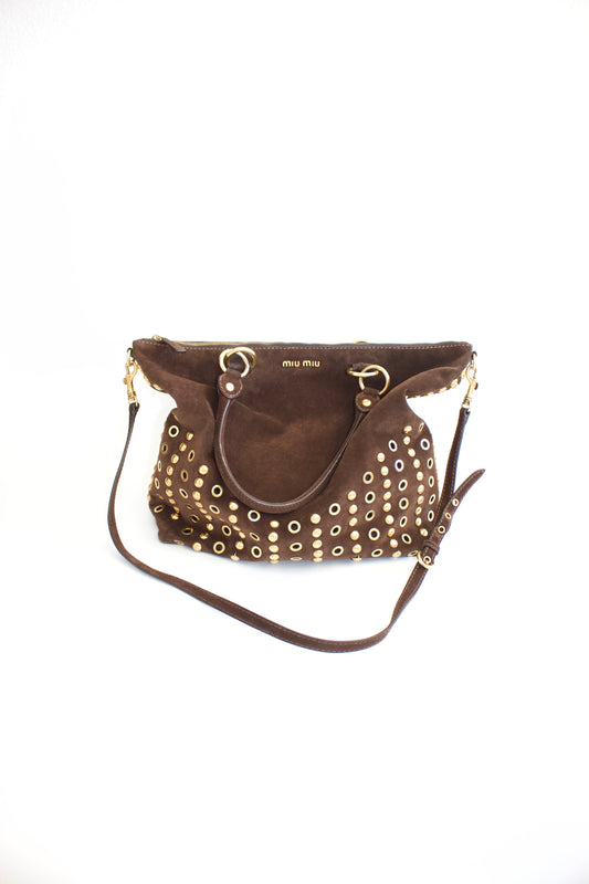 Miu Miu brown suede bag with golden eyelets and grommets