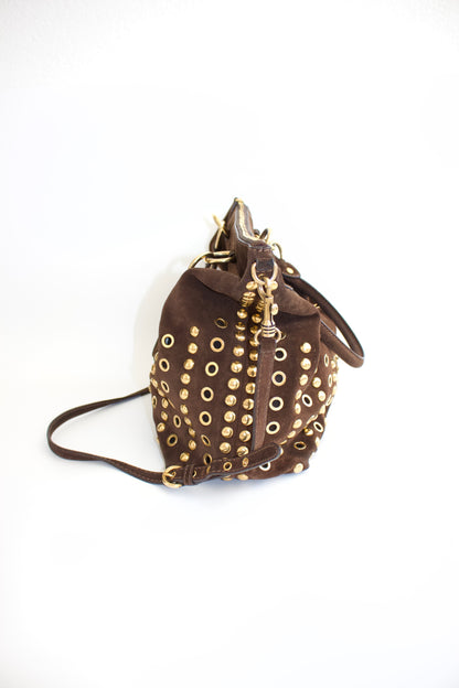 Miu Miu brown suede bag with golden eyelets and grommets