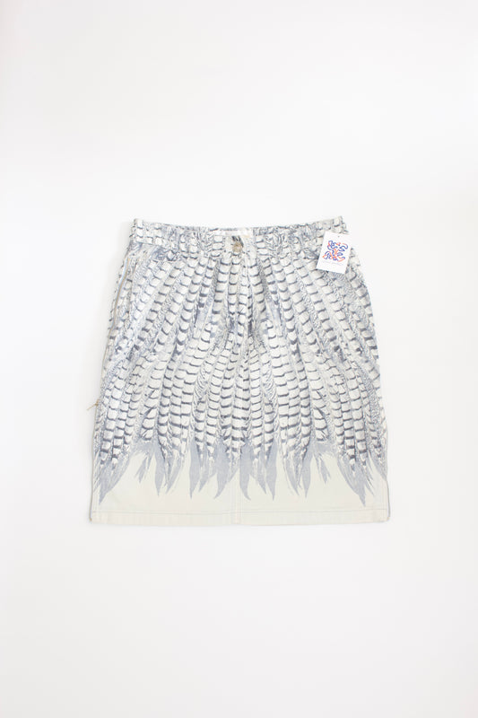 Roberto Cavalli denim skirt with feather print and side zips