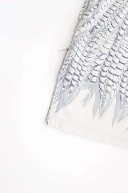 Roberto Cavalli denim skirt with feather print and side zips