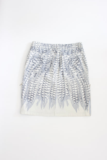 Roberto Cavalli denim skirt with feather print and side zips