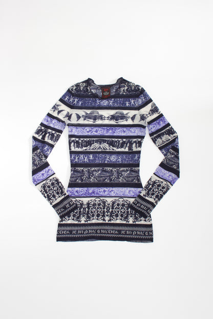Jean Paul Gaultier 1990s blue printed mesh longsleeve top