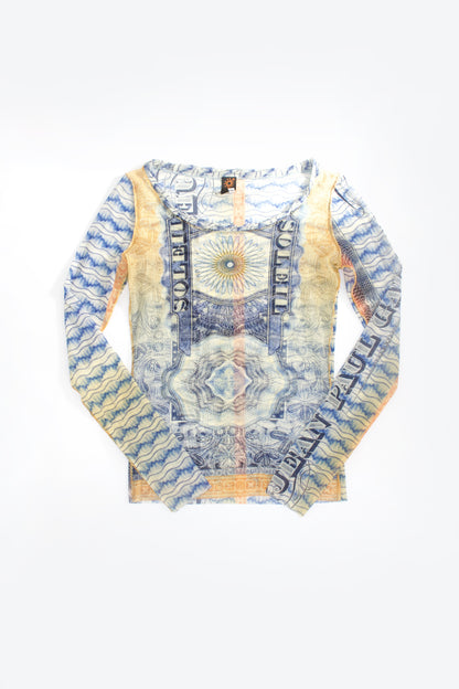 Jean Paul Gaultier 90s money print mesh longsleeve top